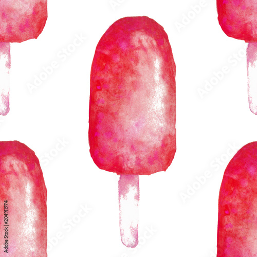 Hand drawn seamless pattern with ice-cream. Sweet summer beach print for notebook cover, posters, postcards, banners. Watercolor background with different types of ice cream