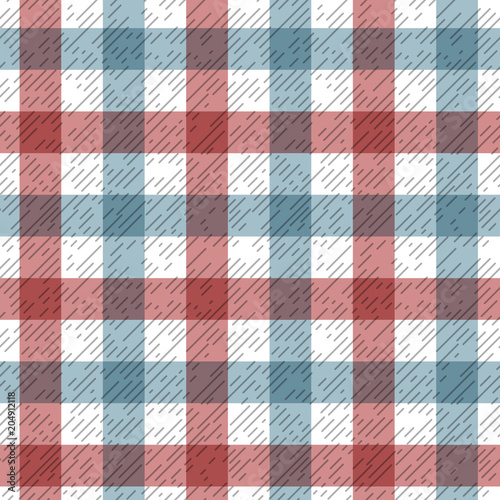 Red and blue tartan plaid fabric on white seamless pattern, vector