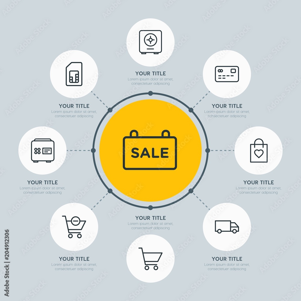 Circle network chart business, mobile, shopping infographic template with 8 options for presentations, advertising, annual reports. Circle network chart business, mobile, shopping infographic template with 8 options for presentations, advertising, annual reports.