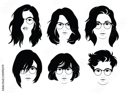 Set of hairstyles for women with glasses. Collection of silhouettes of hairstyles for girls for a hairdresser.
