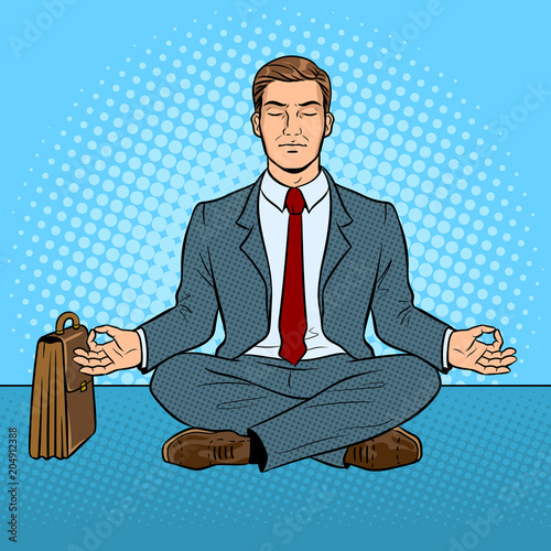 Meditating businessman pop art vector illustration
