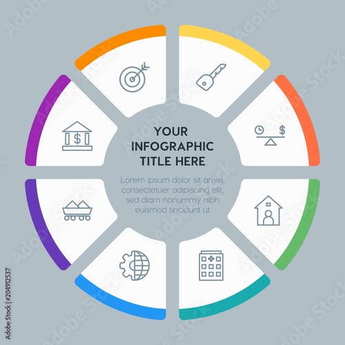 Circle chart business, industry, buildings infographic template with 8 options for presentations, advertising, annual reports