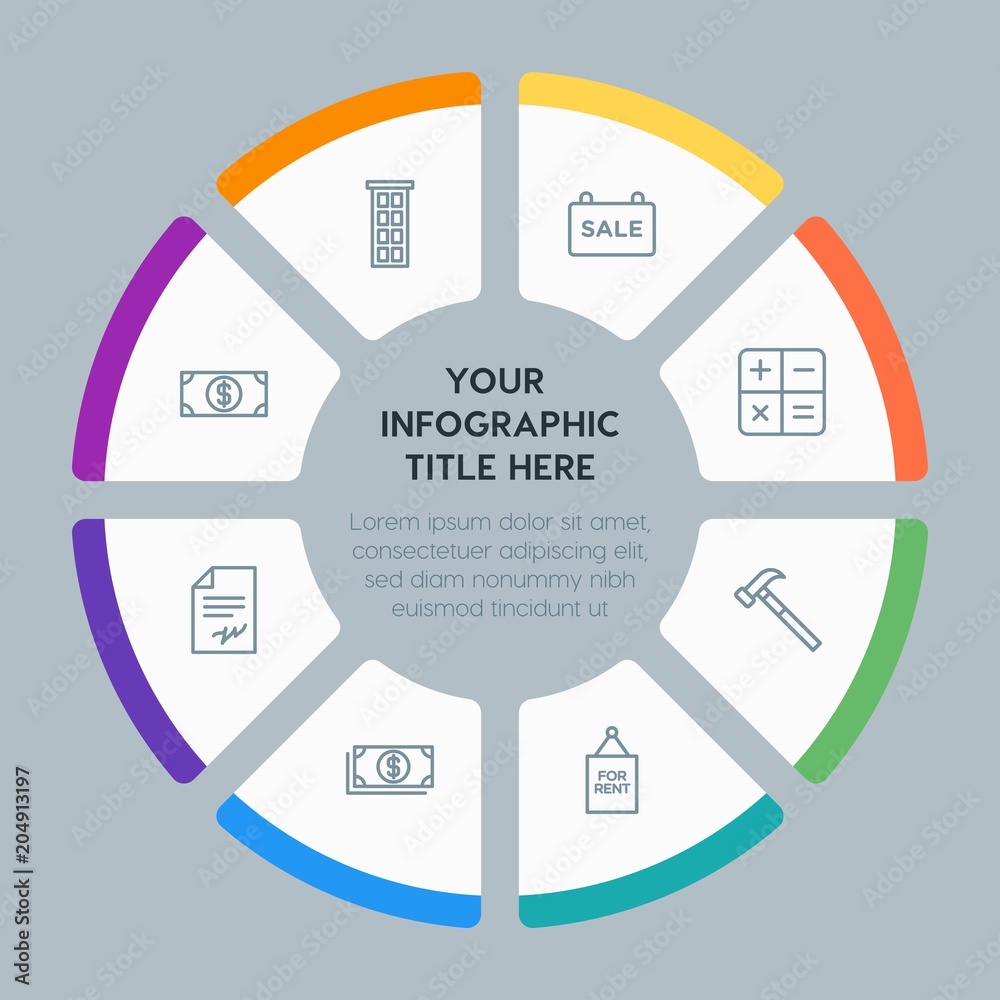 Circle chart business, industry, buildings infographic template with 8 ...