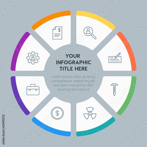 Circle chart business, industry, buildings infographic template with 8 options for presentations, advertising, annual reports