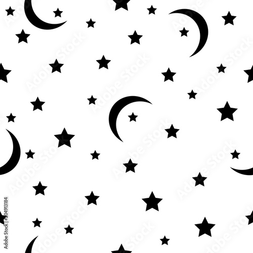 Seamless pattern with black stars and moons