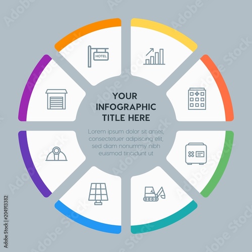 Circle chart business, industry, buildings infographic template with 8 options for presentations, advertising, annual reports