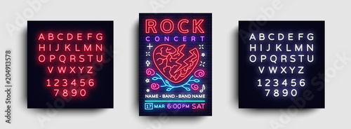 Rock music concert poster vector. Design Template Rock Music Festival, Neon Style, Neon Banner, Light Flyer, Concert Invitation, Rock Roll Music, Night Party Invitation. Vector. Editing neon sign