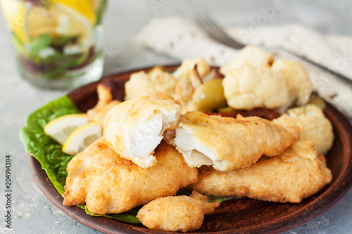 Battered fish with cauliflower
