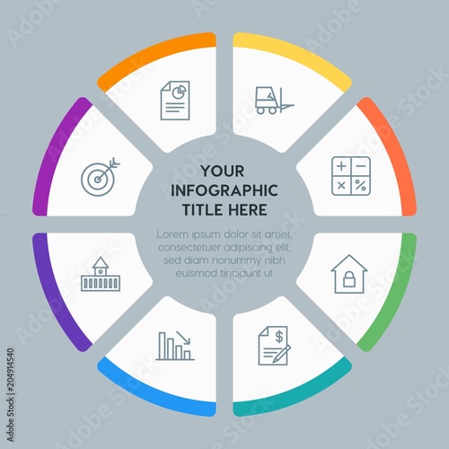 Circle chart business, industry, buildings infographic template with 8 options for presentations, advertising, annual reports