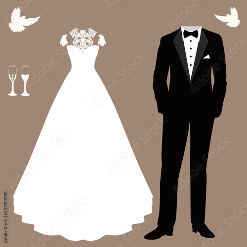 Wedding card with the clothes of the bride and groom.