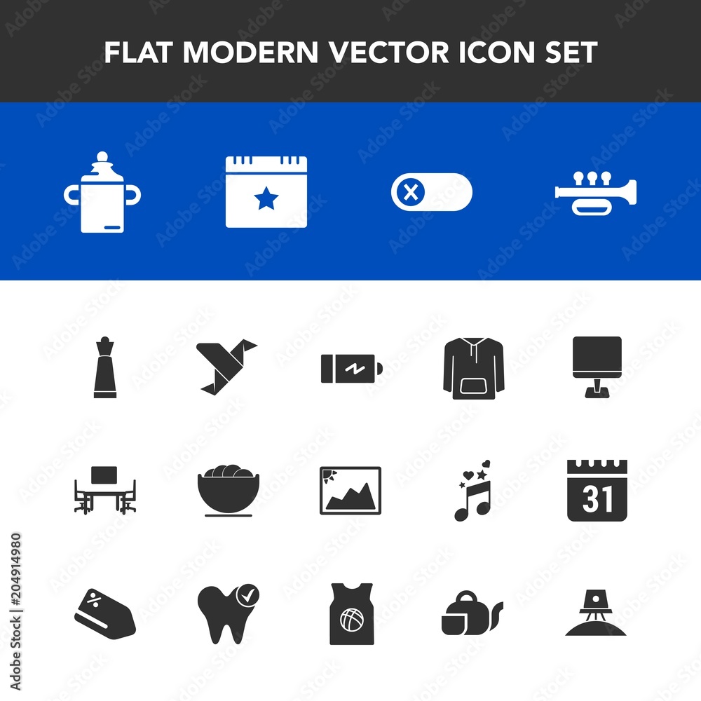 Modern, simple vector icon set with clothing, power, desk, switch, chess, plastic, business, dish, table, bottle, creative, origami, photo, milk, trumpet, work, nutrition, battery, paper, white icons