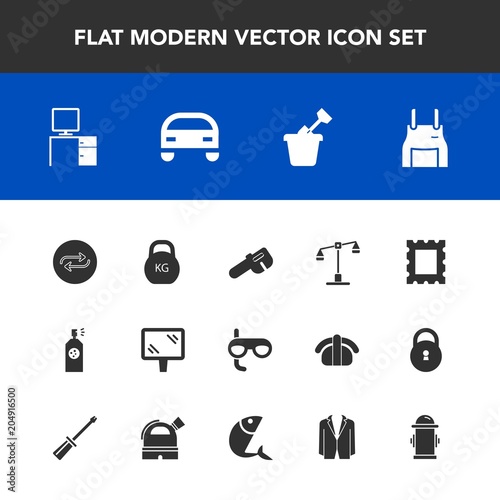 Modern, simple vector icon set with frame, street, replacement, water, scuba, weight, substitute, car, uniform, sign, law, sport, play, chef, sandbox, replace, pinafore, banner, judge, cook icons