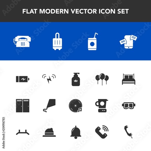 Modern, simple vector icon set with chat, glass, hygiene, ring, entrance, mobile, liquid, celebration, phone, clean, bell, bottle, cold, energy, sign, luggage, battery, birthday, travel, power icons