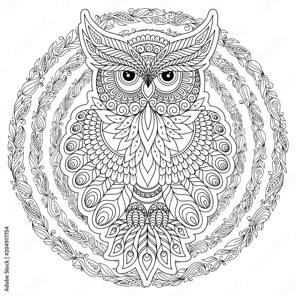 Coloring page with cute owl and floral frame. Stock Vector | Adobe Stock