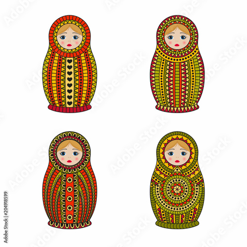 Matrioshka or nesting dolls set isolated on white background. Babushka with colored ornamental patterns. Vector illustration.