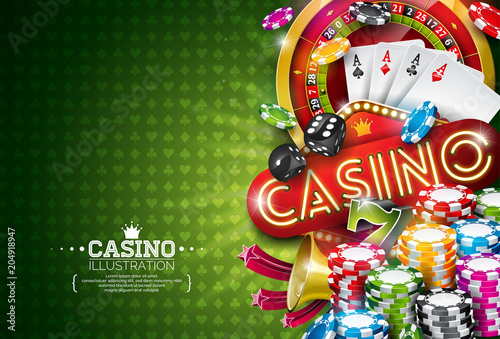 Casino Illustration with roulette wheel and playing chips on green background. Vector gambling design with poker cards and dices for party poster, greeting card, invitation or promo banner.