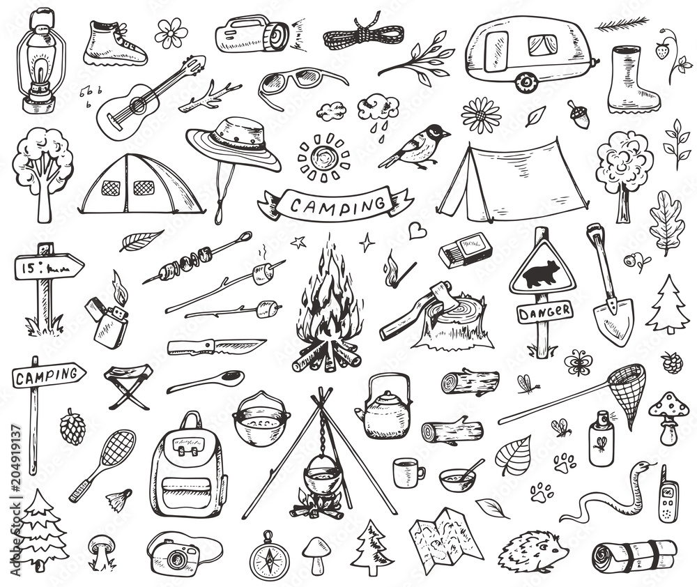Set of forest camping icons - obrazy, fototapety, plakaty 