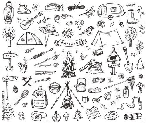 Fotografie, Obraz Set of forest camping icons