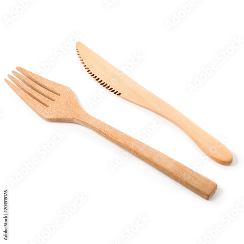Set of wooden cutlery isolated on a white background