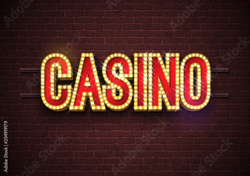 Casino neon sign illustration on brick wall background. Vector light banner or bright signboard design.
