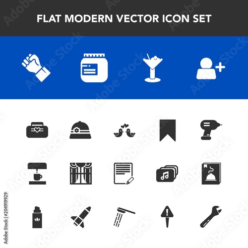 Modern, simple vector icon set with glass, tool, bar, machine, leather, bookmark, bag, sign, hat, edit, object, food, fashion, hand, jam, hammer, home, animal, coffee, drill, add, wrench, light icons