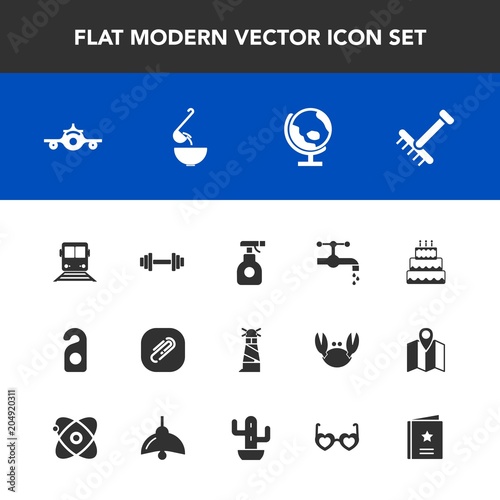 Modern, simple vector icon set with gym, pesticide, sprayer, map, equipment, train, lighthouse, dessert, fitness, label, ocean, sink, global, beacon, paperclip, flight, airplane, raking, motel icons