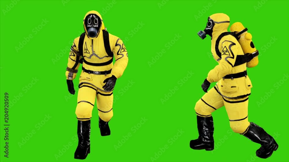 Man in protective hazmat walking on green screen background. Loopable Background. 4k