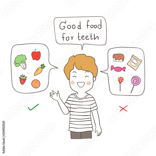 Happy boy explain about good food for teeth