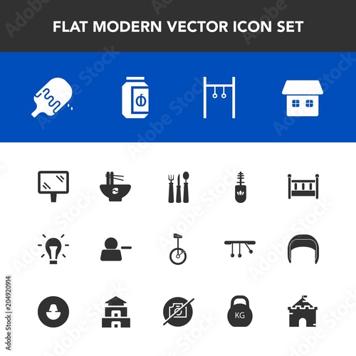 Modern, simple vector icon set with child, chinese, cradle, glass, medieval, ice, bed, meal, cream, delete, house, idea, restaurant, banner, bulb, energy, circus, street, exercise, electricity icons