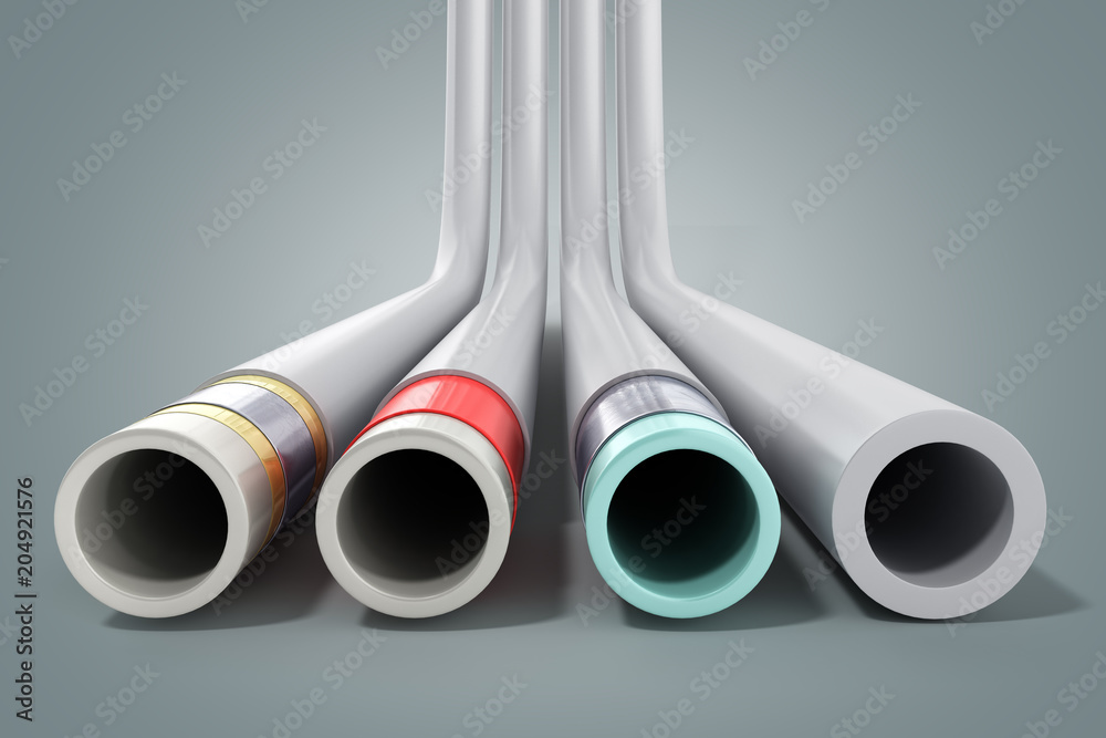 Fototapeta premium different plastic water pipes in layers 3d render on grey
