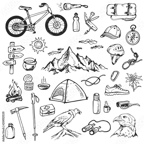 Set of mountain camping icons