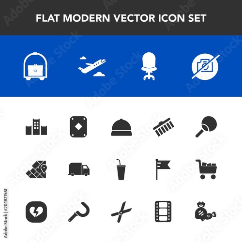 Modern, simple vector icon set with film, juice, game, airplane, sweet, food, poker, stroke, collection, armchair, shape, hat, leisure, chair, play, interior, room, hotel, home, table, picture icons