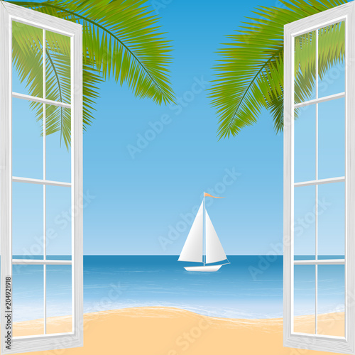 Tropical beach, palm trees and ship