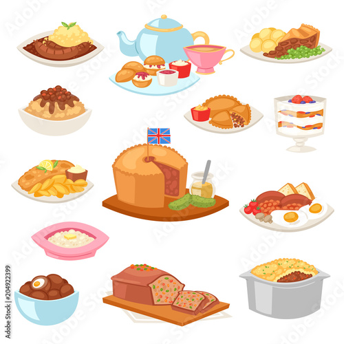 British food vector english breakfast meal and fried meat with potato for dinner or lunch illustration set of traditional dishes in restaurant in Britain isolated on white background