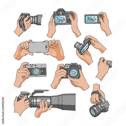 Camera vector professional photocamera in hands for photographing with photography lens illustration set of holding photographic equipment for digital photo isolated on white background