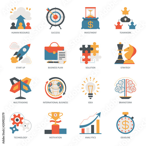 Startup business icon vector start up businessplanning with success strategy or innovation idea illustration set of multitasking and brainstorm signs isolated on white background