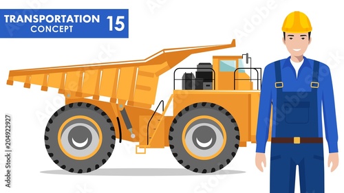 Transportation concept. Detailed illustration of workman, driver, miner, builder and off-highway truck on white background in flat style. Heavy mining machine and construction equipment. Vector.