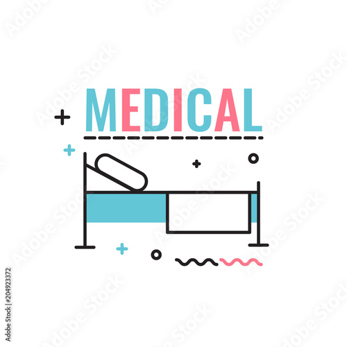 Bed in the hospital with the inscription in the style of flat. Vector icon