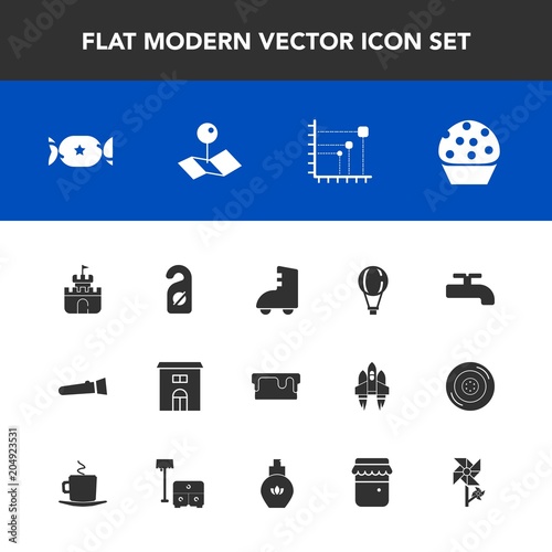 Modern, simple vector icon set with food, pin, parachute, estate, data, lamp, building, spring, background, parachuting, house, pie, pointer, cake, light, map, lollipop, location, blossom, toy icons