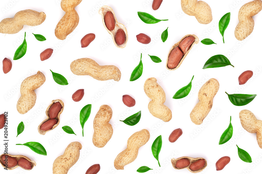 Peanuts decorated with green leaves isolated on white background, top view. Flat lay pattern