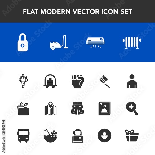 Modern, simple vector icon set with man, care, hotel, pin, service, baggage, travel, fashion, road, hot, people, conditioner, boy, concept, file, alcohol, clean, boiler, shorts, hand, wear, male icons