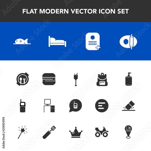 Modern, simple vector icon set with call, phone, meat, cheeseburger, plate, food, identity, mobile, home, child, old, work, burger, location, soap, drink, furniture, fish, bucket, map, kitchen icons