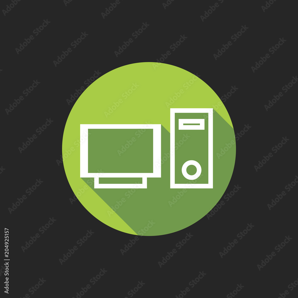 Elegant Universal White Minimalistic Thin Line Computer Icon with Shadows on Circular Color Button on Black Background 
