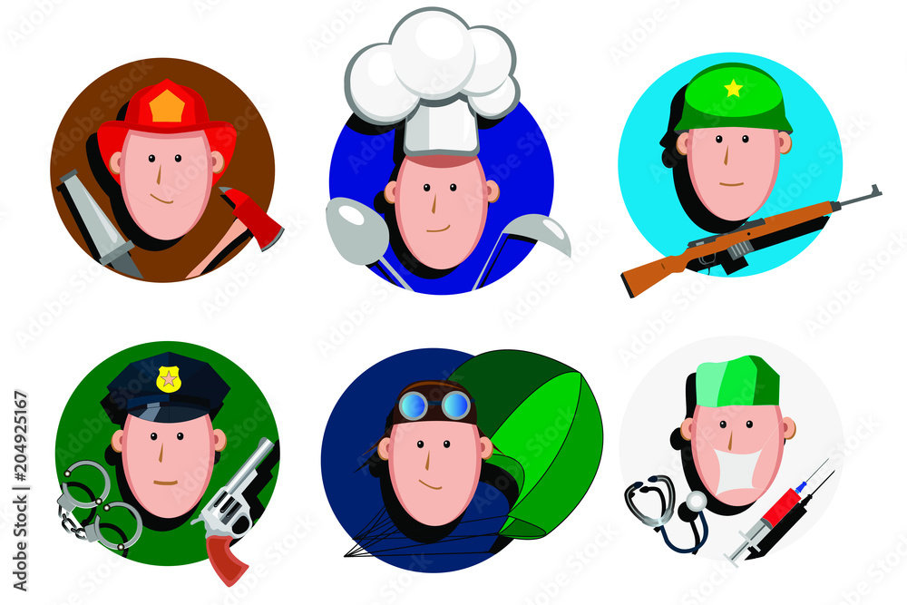 Icons of professions fireman cook military policeman pilot cook uniform Icons of professions fireman cook military policeman pilot cook uniform