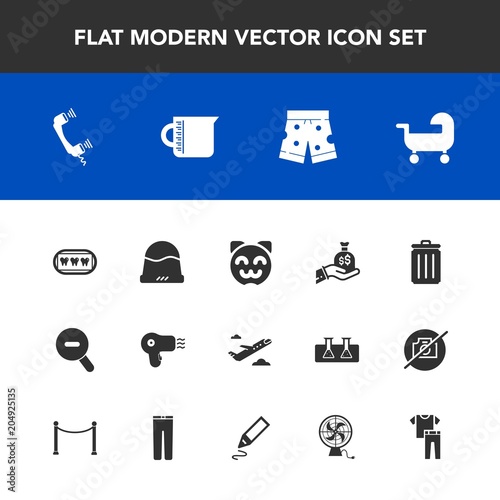 Modern, simple vector icon set with fashion, can, cap, shorts, bin, bag, dryer, call, trash, baby, dental, hat, hairdryer, healthy, finance, phone, health, departure, sack, template, transparent icons