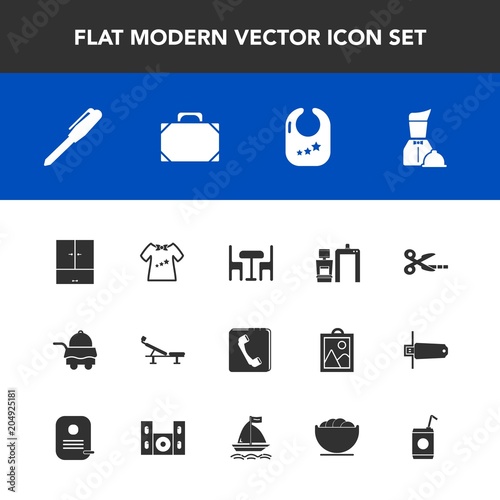 Modern, simple vector icon set with pen, food, clothing, beverage, bed, seat, scan, infant, style, leather, phone, object, baby, bag, drink, internet, furniture, hotel, bowl, cut, service, chair icons