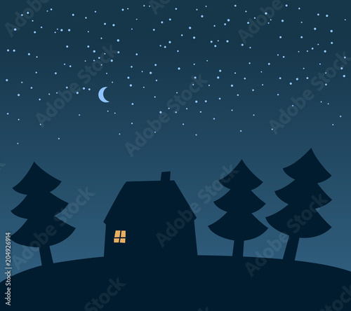 Night scene  small house among fir trees at night  under the moon  vector