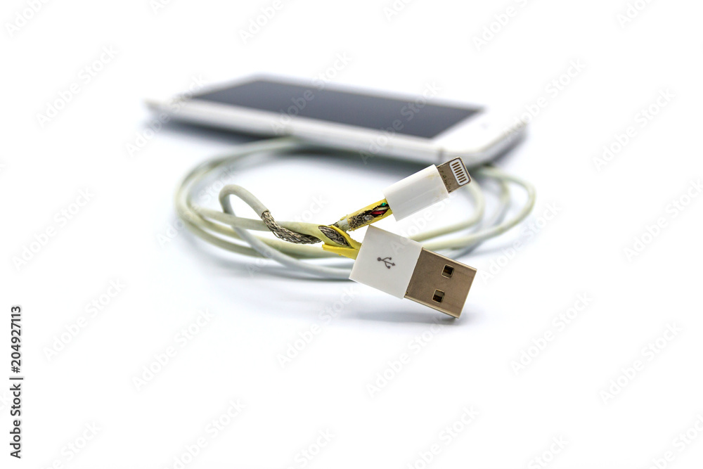 unsafe cable Phone Charger Lack of damage on white background
unsafe cable Phone Charger Lack of damage on white background