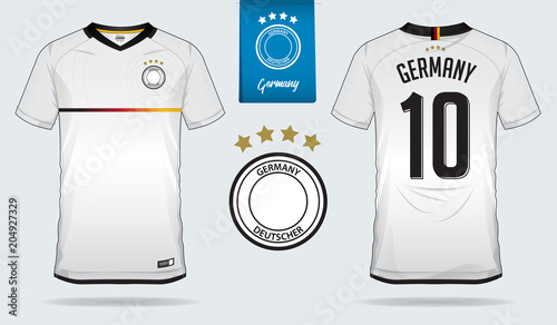 Set of soccer jersey or football kit template design for Germany national football team. Front and back view soccer uniform. Football t shirt mock up. Vector Illustration