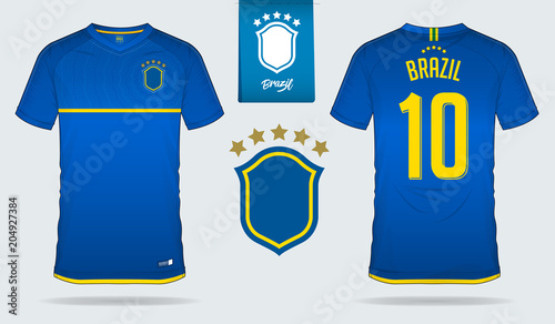 Set of soccer jersey or football kit template design for Brazil national football team. Front and back view soccer uniform. Football t shirt mock up. Vector Illustration